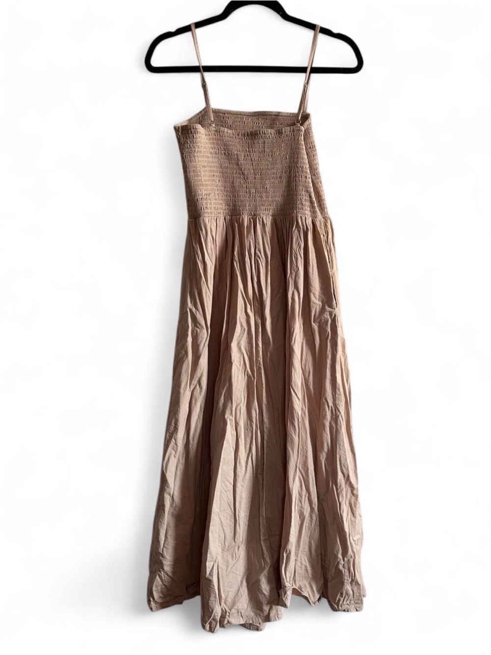 100% Cotton Sleeveless Smocked Bodice Maxi Dress in Light Taupe